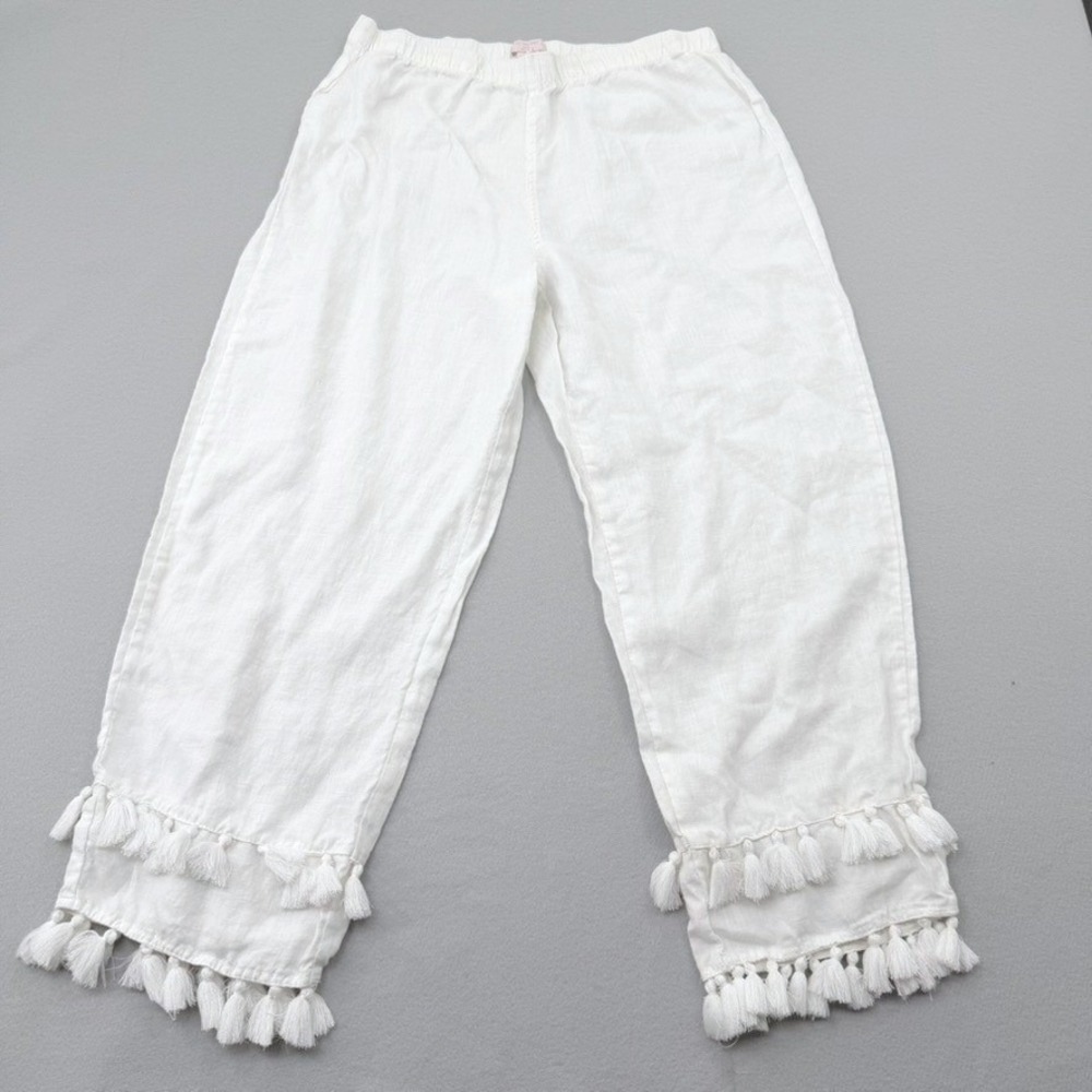 St Tropez West Linen Pants Women L White Resort Coastal Grandma Boho Beach